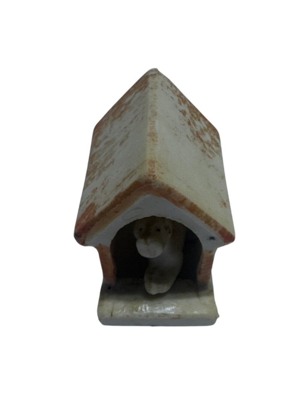 Miniature Ceramic Dog & Doghouse Figurine Set Distressed Rustic White Brown Fini